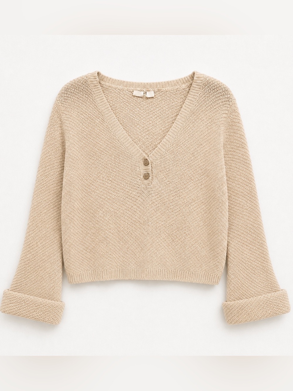 Roxy Cream Cropped Bell Sleeve Henley Sweater S Boho Coastal Knit